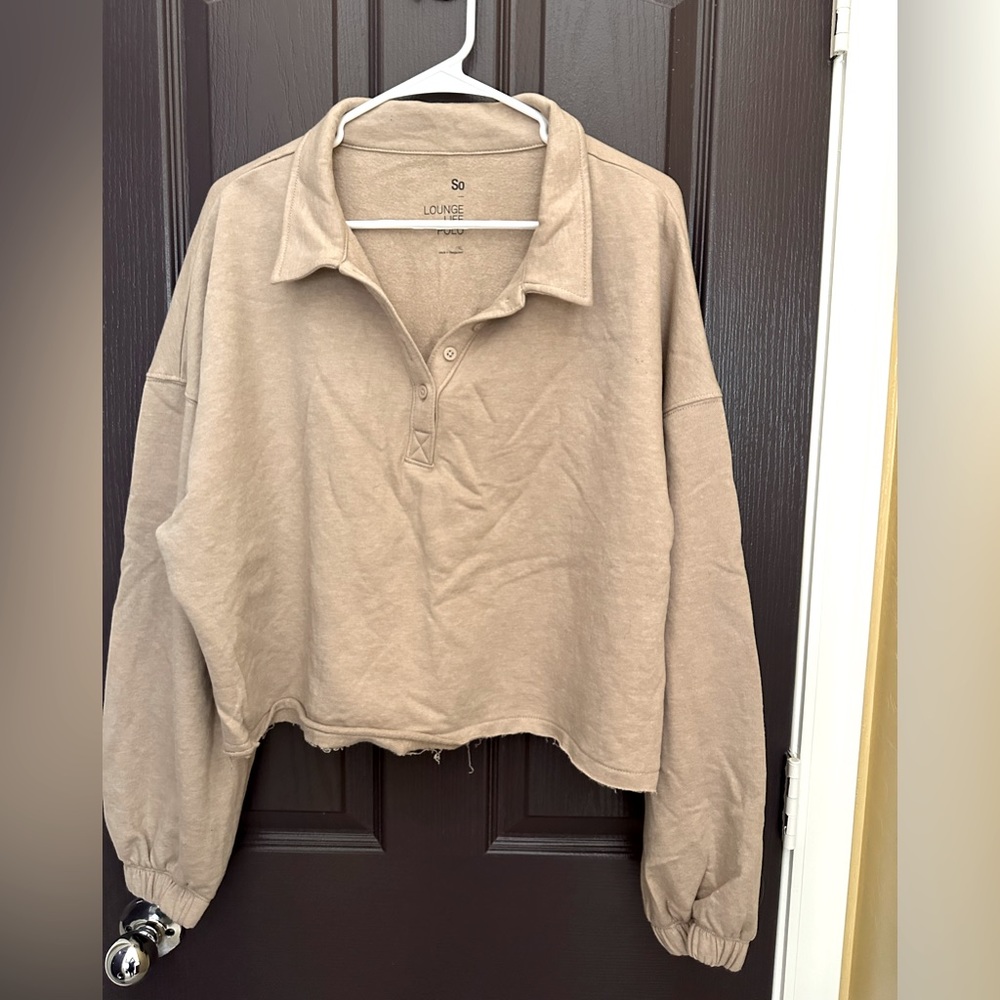 So Lounge Life Long Sleeve Cropped Button Polo Color Tan Size XL